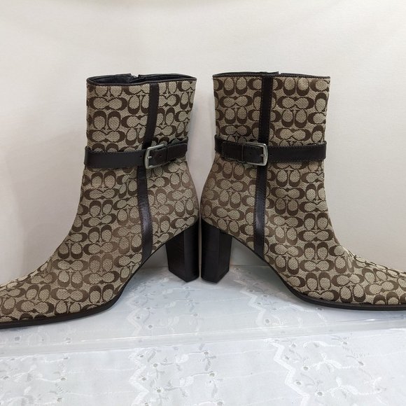 Coach Khaki & Brown Jacquard Signature Logo Bibi Mid Calf Boots - size 5.5M NWT